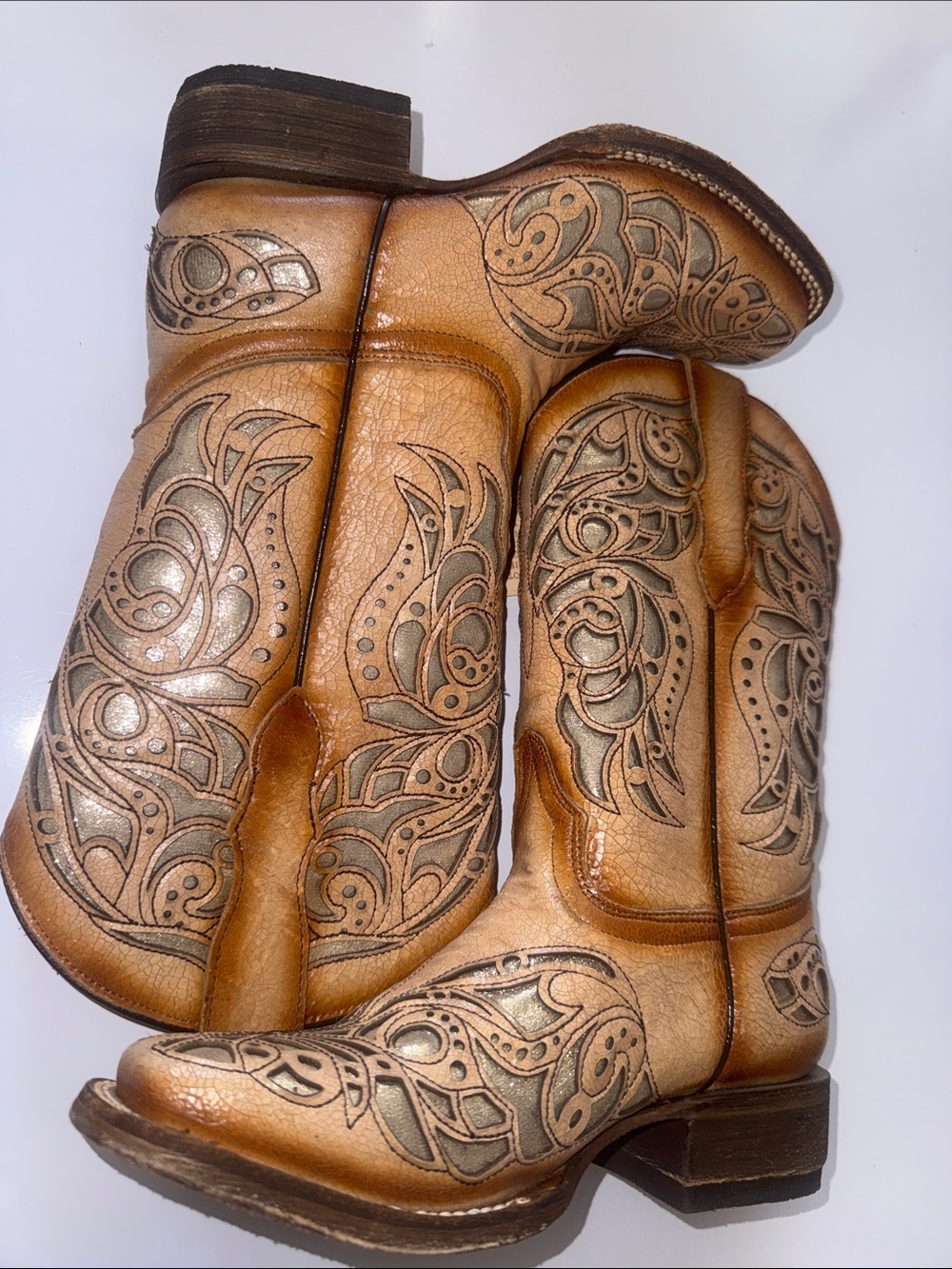 Coral Handcrafted Tan Leather Western Boots with Intricate Overlay Youth/Kids 3T - Picture 5 of 11